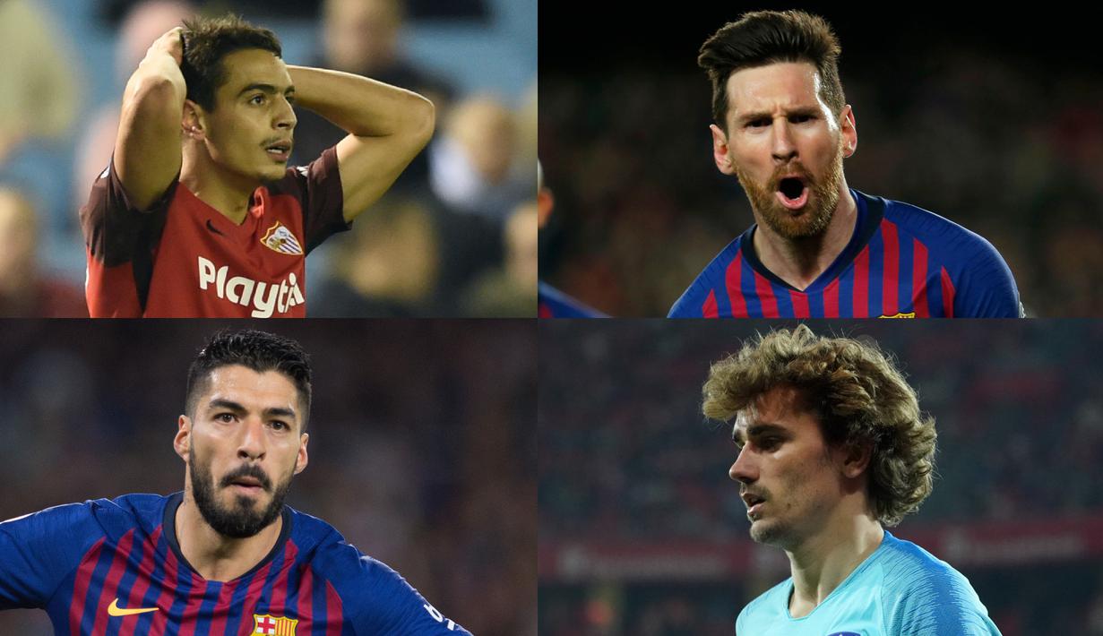 Lionel Messi kian perkasa di singgasana top scorer La Liga dengan raihan 31 gol, terpaut 11 gol dari Luis Suarez yang berada di bawahnya. (Kolase Foto AFP)