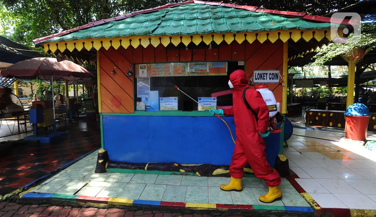 Petugas pemadam kebakaran Sudin Jaksel melakukan penyemprotan disinfektan di Kebun Bintang Ragunan, Jakarta, Rabu (17/6/2020). Penyemprotan dilakukan jelang pembukaan kembali Kebun Binatang Ragunan untuk umum pada 20 Juni mendatang. (merdeka.com/Arie Basuki)