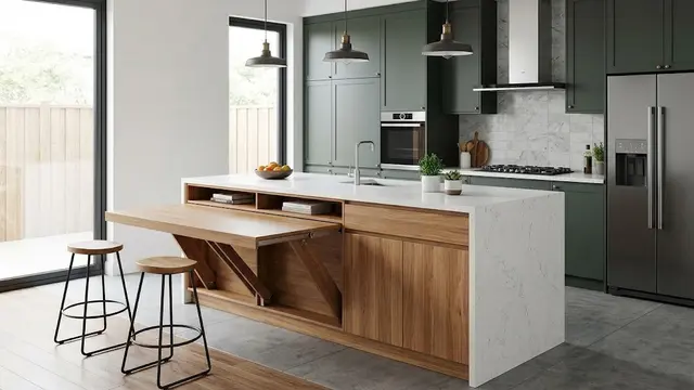 Desain Dapur dengan Meja Sarapan Menyatu pada Ujung Kitchen Island