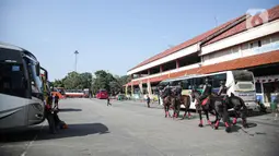 Polisi berkuda dari Unit Satwa Polri melakukan patroli di Terminal Kampung Rambutan, Jakarta, Minggu (8/5/2022). Polisi berkuda dari Unit Satwa Polri secara rutin berpatroli guna memberikan rasa aman kepada penumpang yang tiba di Terminal Kampung Rambutan. (Liputan6.com/Faizal Fanani)