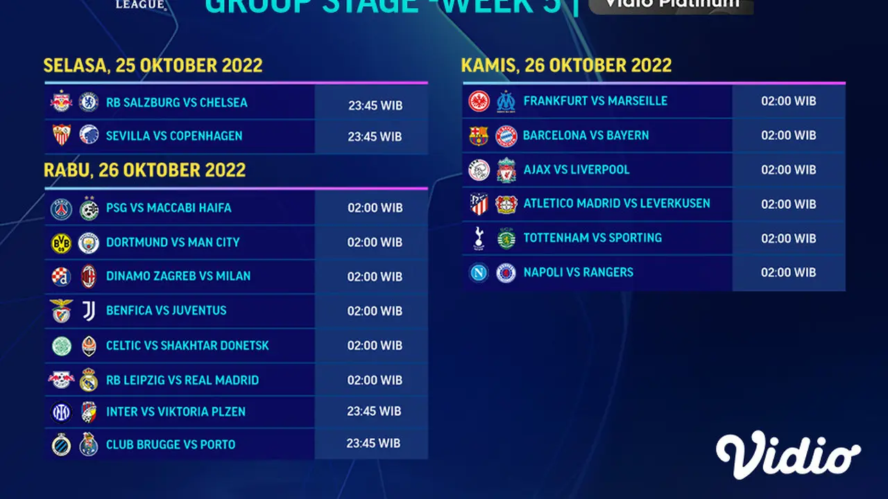 Jadwal dan Live Streaming Liga Champions 2022/2023 Pekan Kelima di Vidio, 25-27 Oktober 2022