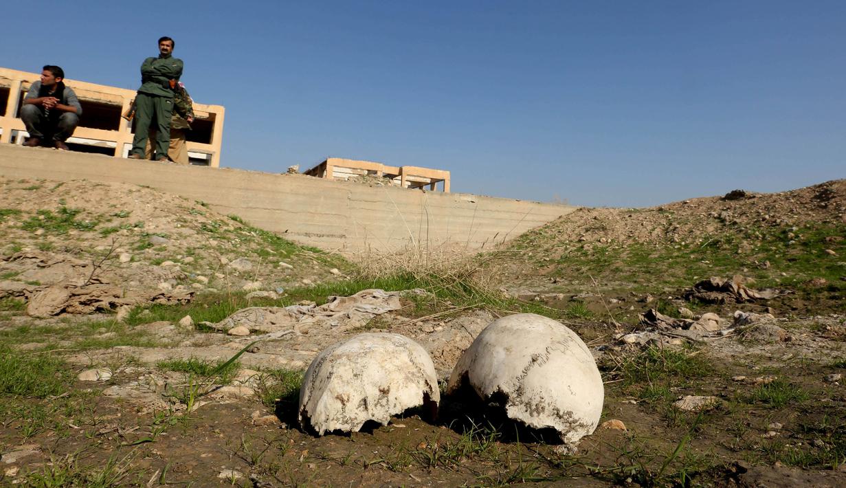 Tampak tengkorak di sebuah kuburan massal yang diduga lokasi makam anggota Yazidi Irak di pinggiran kota Sinjar, 30 November 2015. Pasukan Kurdi menemukan kuburan ini usai berhasil merebut kembali kota Irak dari militan ISIS. (Reuters/Ari Jalal)