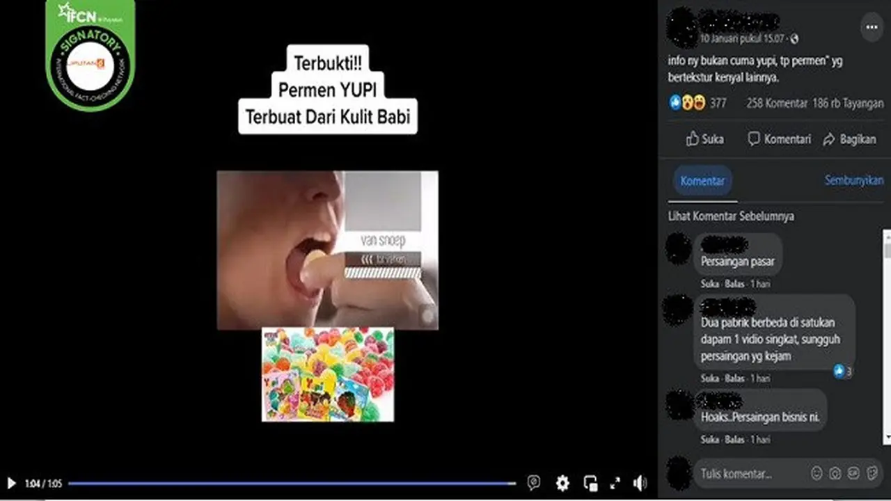 Gambar Tangkapan Layar Kabar Palsu Yupi Terbuat dari Kulit Babi (sumber: Facebook).