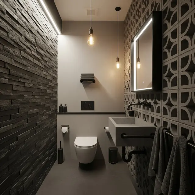 Desain Kamar Mandi Kecil Lebar 1 Meter dengan Roster dan Batu Alam (Image by Gemini AI)