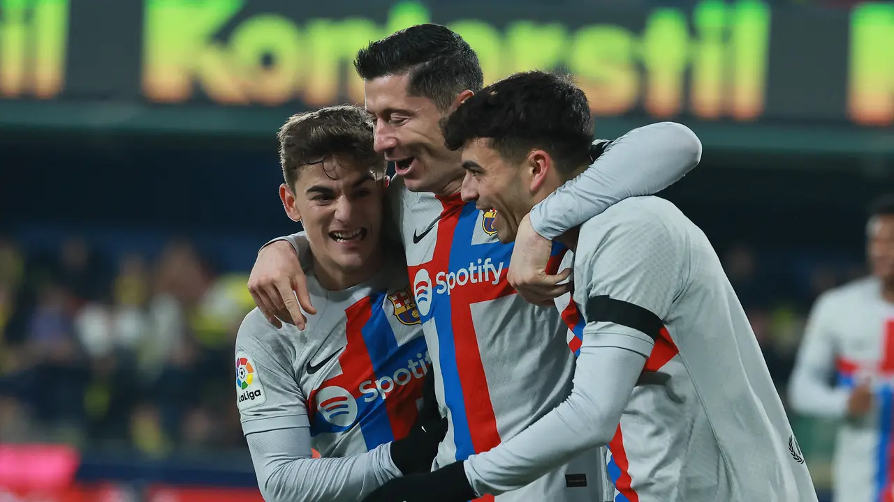Selebrasi pemain Barcelona kala melawan Villarreal di ajang La Liga