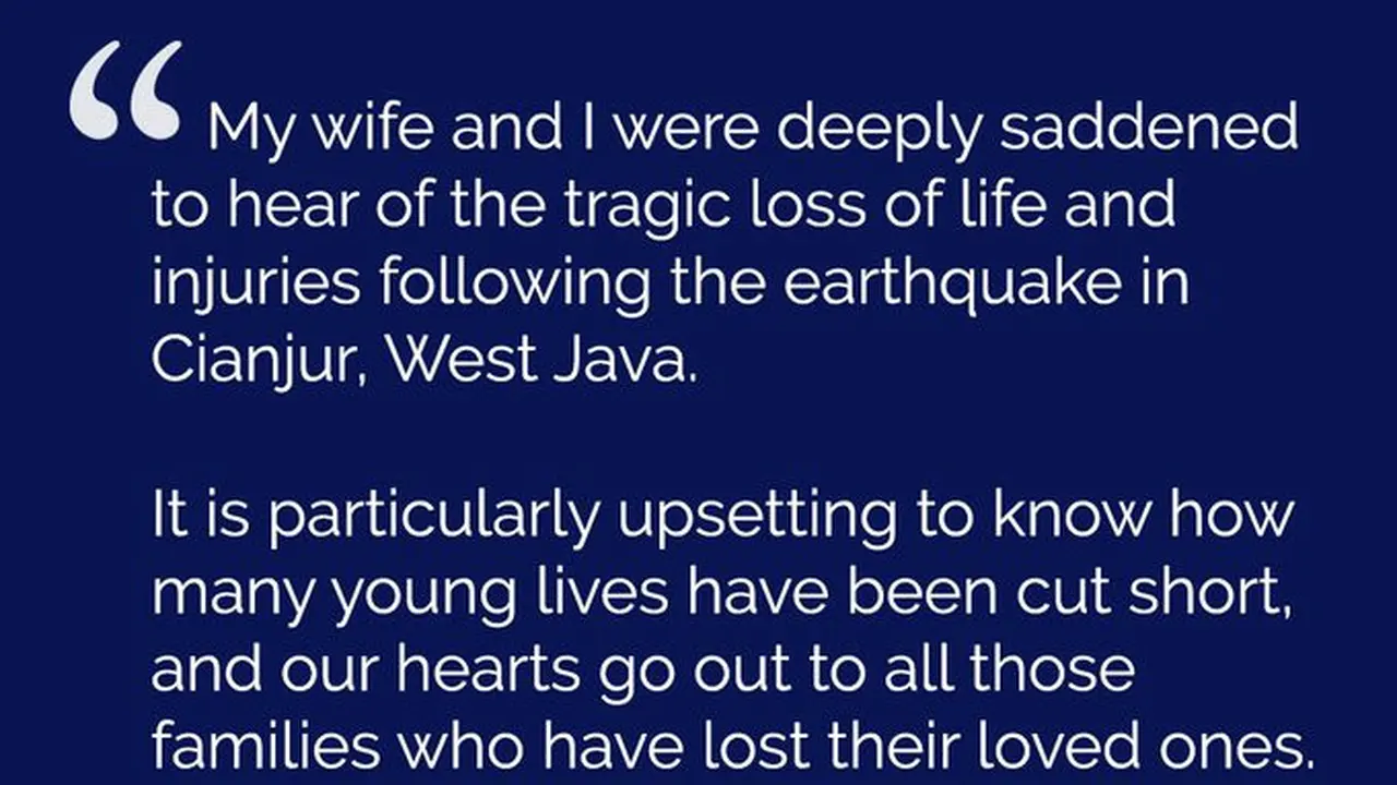 Ucapan belasungkawa gempa Cianjur dari Raja Charles, kerajaan Inggris. (The Royal Family @RoyalFamily)
