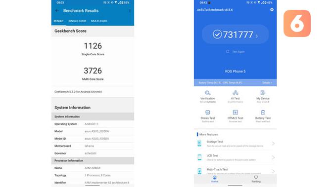 Hasil benchmark ROG Phone 5 di AnTuTu dan Geekbench 5. (Liputan6.com/ Yuslianson)