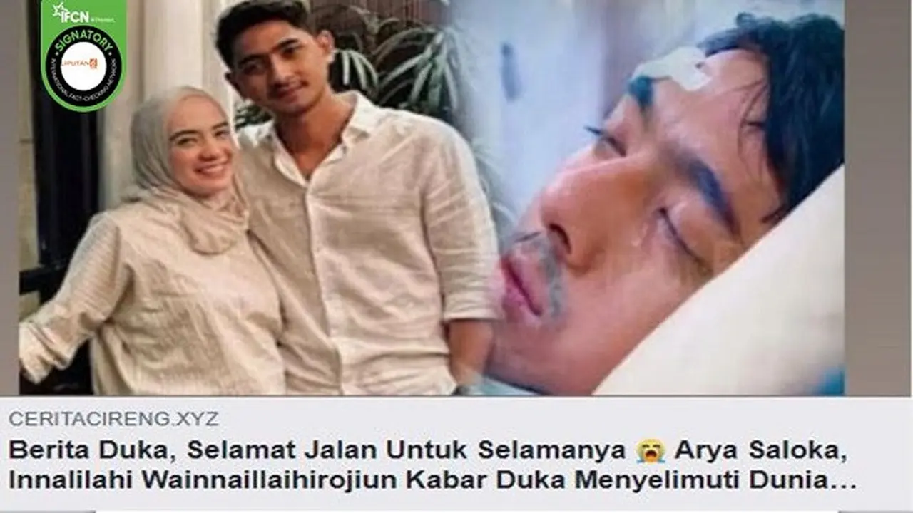 Gambar Tangkapan Layar Kabar Hoaks tentang Arya Saloka Meninggal Dunia pada 15 September 2021 (sumber: Facebook).