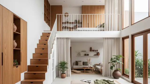 Interior Rumah Minimalis dengan Mezzanine yang Estetik dan Nyaman dengan Mezzanine Multifungsi dan Penyimpanan Terintegrasi