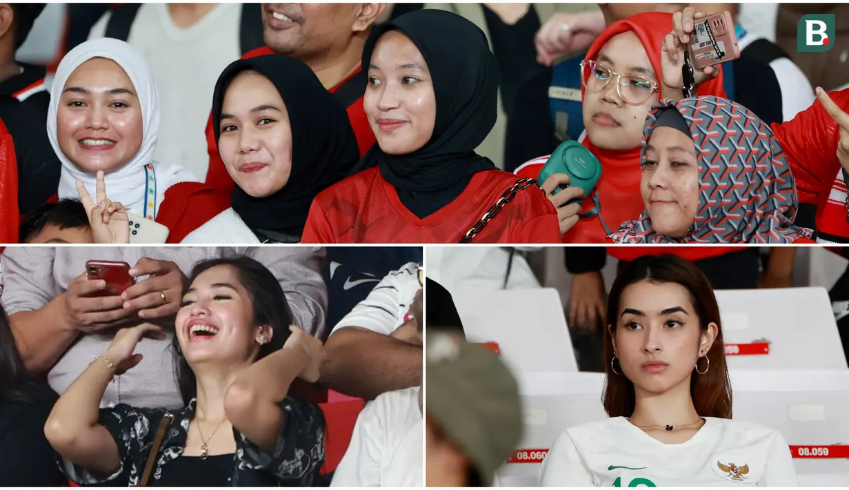 Sejumlah suporter wanita hadir menyaksikan langsung laga Timnas Indonesia Vs Brunei Darussalam pada laga Kualifikasi Piala Dunia 2026 zona Asia di Stadion Utama Gelora Bung Karno (SUGBK), Senayan, Jakarta, Kamis (12/10/2023). Berikut potret fans cantik di laga tersebut.