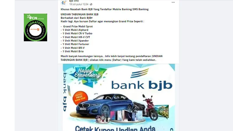 Tangkapan layar klaim undian berhadiah tabungan dari Bank BJB