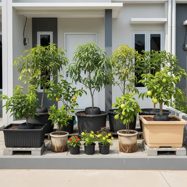 Desain Taman Depan Rumah yang Aman dari Akar Pohon Buah (Gemini AI)