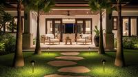 Inspirasi Teras Depan Rumah Tropis dengan Tanaman Palem. Foto: Gemini