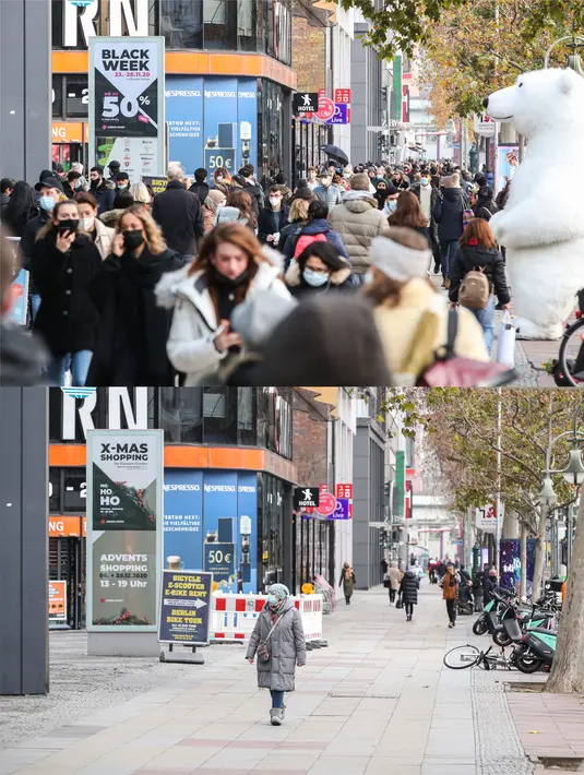 Foto kombinasi yang diabadikan pada 27 November 2020 (atas) dan 16 Desember 2020 (bawah) ini menunjukkan pemandangan berbeda di luar sebuah kawasan perbelanjaan di Berlin, Jerman. Jerman menerapkan karantina wilayah (lockdown) yang lebih ketat mulai 16 Desember 2020. (Xinhua/ShanYuqi)