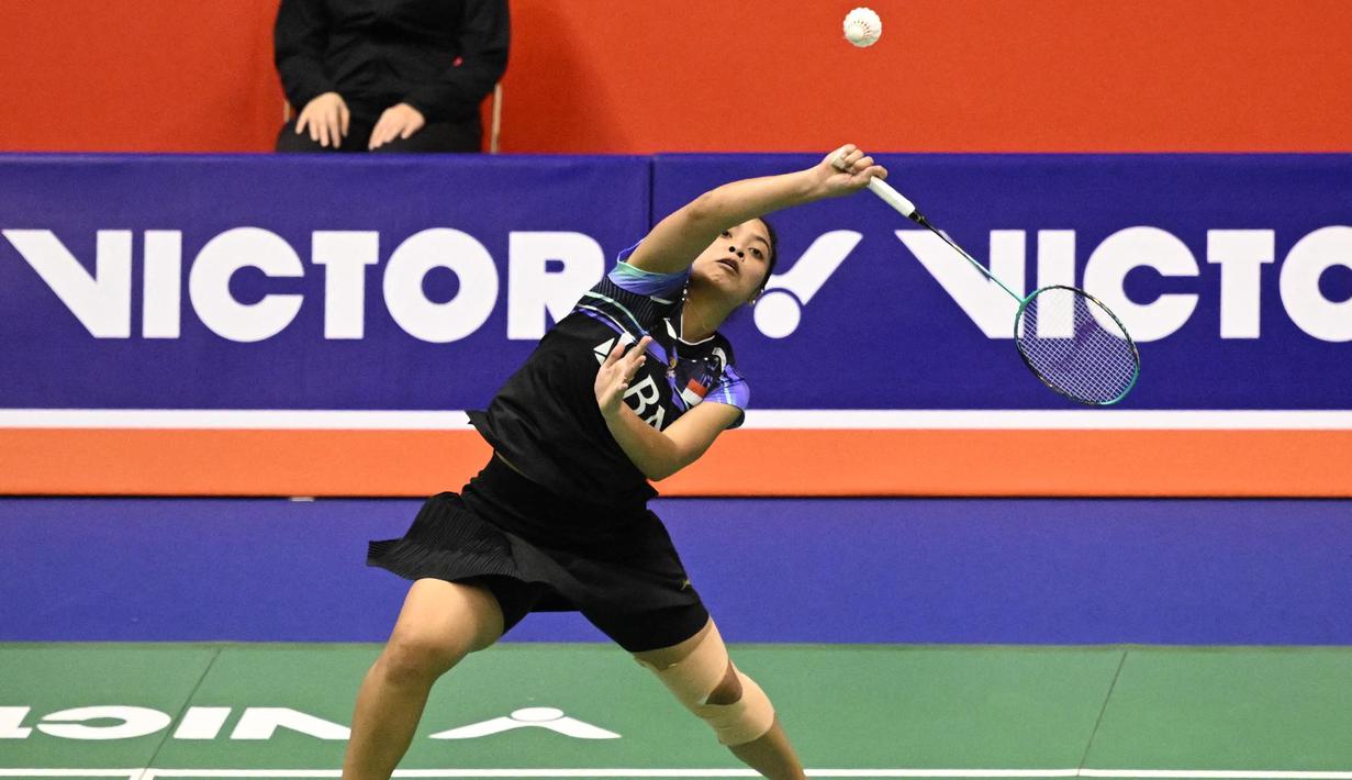 Hasil ini mengantar Gregoria Mariska Tunjung melaju ke babak semifinal Hong Kong Terbuka 2023. (Peter PARKS/AFP