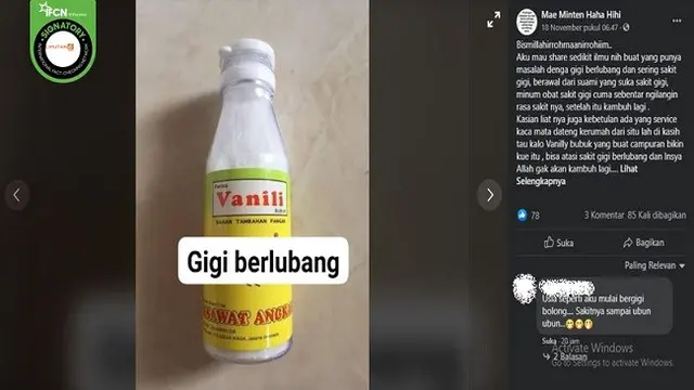 Gambar Tangkapan Layar Klaim Perisa Vanili Bisa Sembuhkan Sakit Gigi (sumber: Facebook)