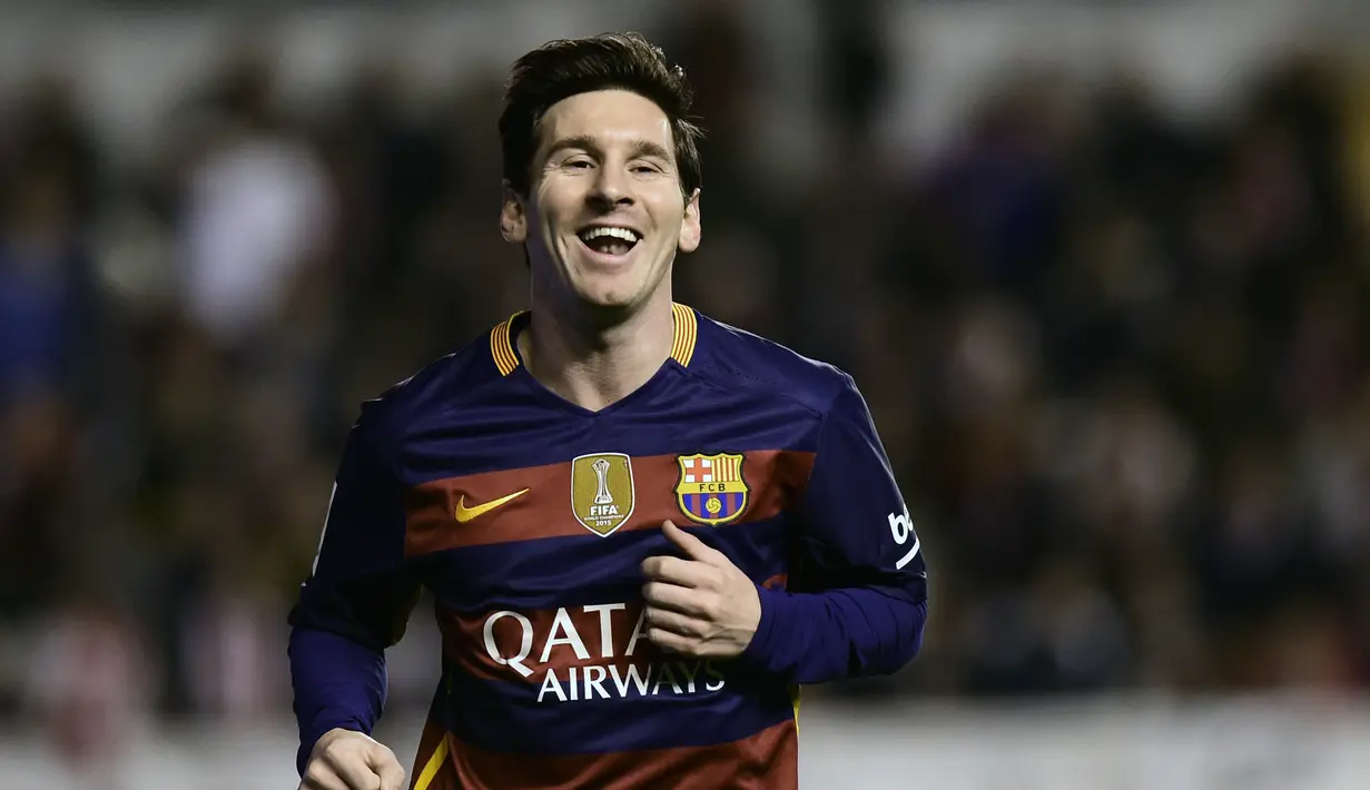 Ekspresi pemain Barcelona, Lionel Messi, setelah mencetak gol ke gawang Rayo Vallecano pada laga La Liga Spanyol di Estadio del Rayo Vallecano, Madrid, Jumat (4/3/2016) dini hari WIB. (AFP/Pierre-Philippe Marcou)