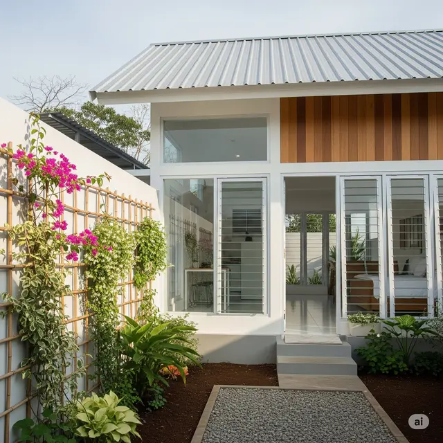 Rumah Tropis Modern dengan Elemen Taman Samping