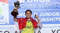 Tunggal putri Indonesia, Gregoria Mariska Tunjung, menyumbang satu medali emas pada Kejuaraan Dunia Junior 2017 di Yogyakarta. (PBSI)