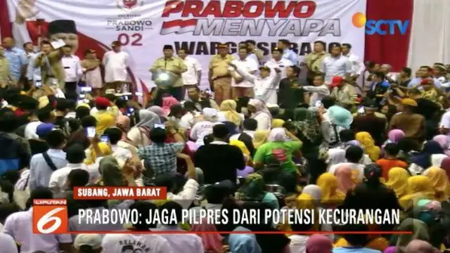 Kampanye di Subang, Jawa Barat, Prabowo Subianto mengajak seluruh pendukung menjaga Pemilu 2019 dari segala kecurangan.
