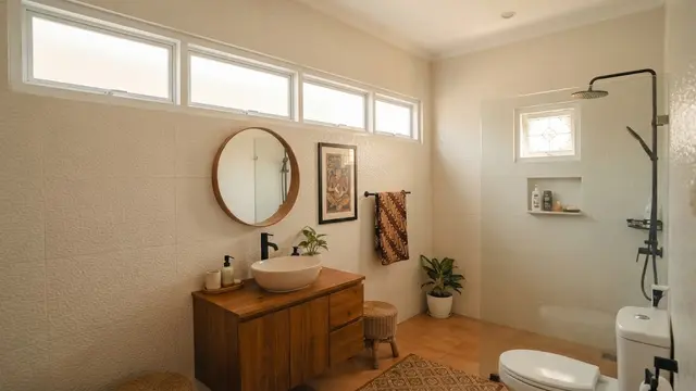 Model kamar mandi dengan jendela tinggi agar tetap mendapat cahaya desain jendela memanjang