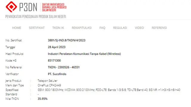 OnePlus CPH2449 sudah mendapatkan sertifikasi TKDN (Situs TKDN Kemenperin)