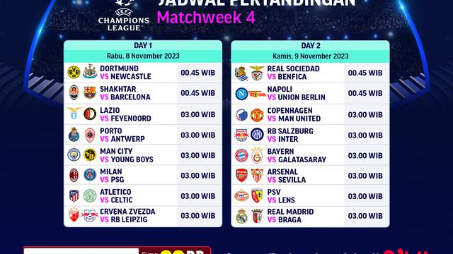 Jadwal dan Link Siaran Langsung Liga Champions 2023/2024 Week 4