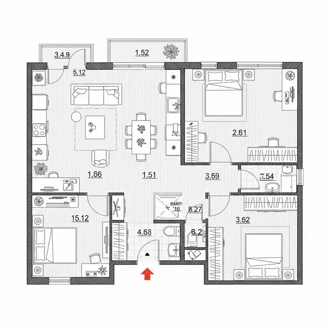 Denah Rumah 7x12 dengan 3 Kamar dan Ruang Makan Menyatu (Image by Gemini AI)