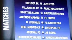 A picture taken on December 19, 2008 shows a screen displaying the results of the draw for the knockout phase of the UEFA Champions League, in Nyon. AFP PHOTO / NICHOLAS RATZENBOECK 