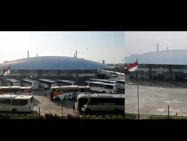 Foto kombo yang menunjukkan aktivitas pemudik pada H-8 Idul Fitri tahun lalu di Terminal Pulo Gebang, Jakarta, Selasa (28/5/2019) dan suasana sepi arus mudik akibat pandemi virus corona COVID-19 di Terminal Pulo Gebang, Minggu (17/5/2020). (merdeka.com/Iqbal S. Nugroho)
