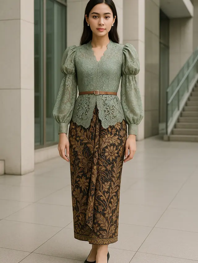 Model Batik Brokat Kombinasi Lengan Puff dan Bishop yang Sedang Hits