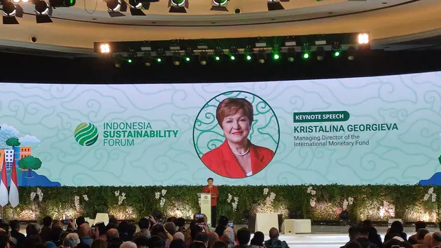 Direktur Pelaksana Dana Moneter Internasional (IMF) Kristalina Georgieva dalam Indonesia Sustainibility Forum (ISF) di Park Hyatt Jakarta, Kamis (7/9/2023). (Maulandy/Liputan6.com)