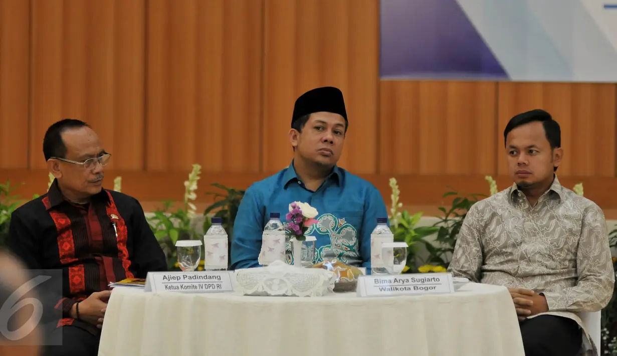 (Ki-ka) Ketua Komite IV DPD, Ajiep Padindang, Wakil Ketua DPR Fahri Hamzah dan Walikota Bogor Bima Arya saat menghadiri acara sarasehan Refleksi 69 Tahun BPK  di Gedung BPK RI, Jakarta, Selasa (19/1). (Liputan6.com/Johan Tallo)
