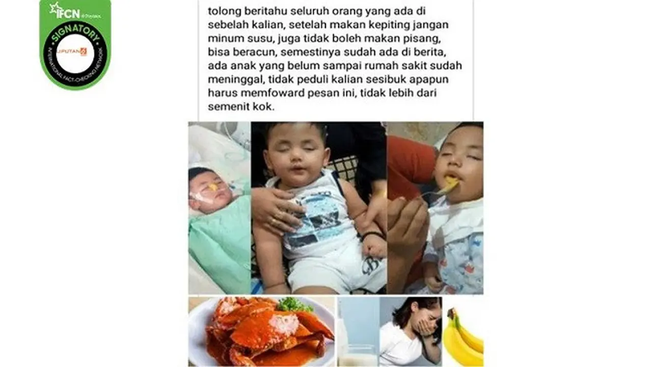 Gambar Tangkapan Layar Klaim Makan Kepiting dan Minum Susu Bersamaan Berbahaya.