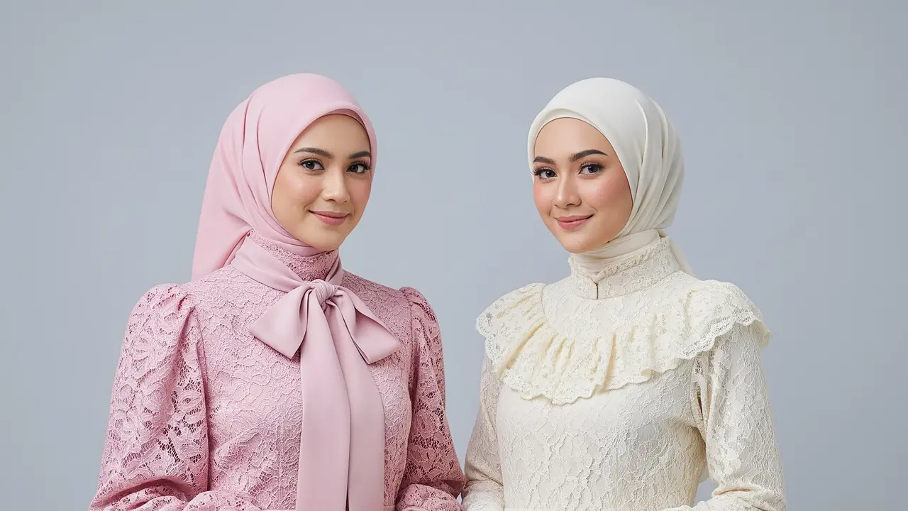 Inspirasi Gaun Pesta Muslimah High Neck Lace.
