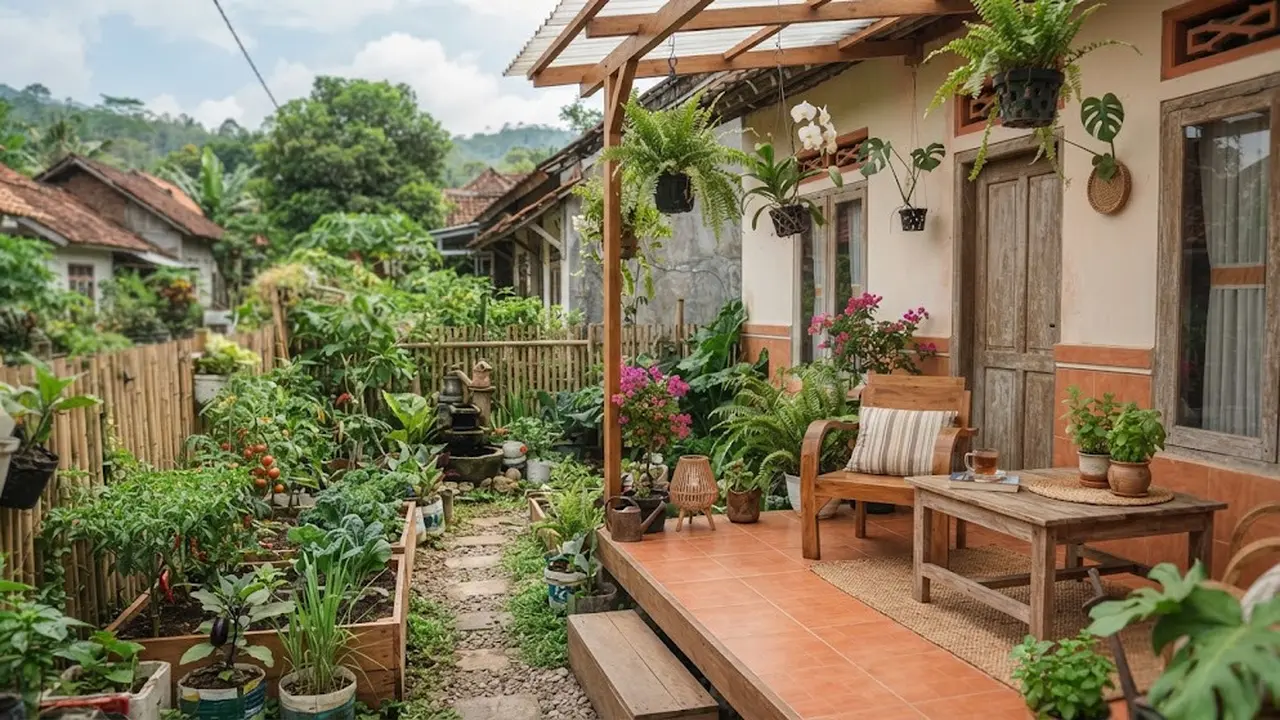 Ide teras minimalis menghadap kebun sayur organik di lahan sempit