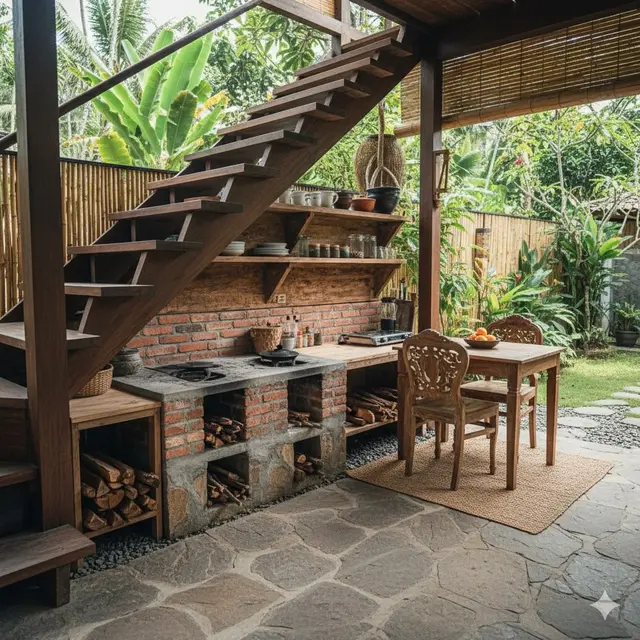 Dapur Semi Terbuka dengan Tungku Batu dan Rak Kayu