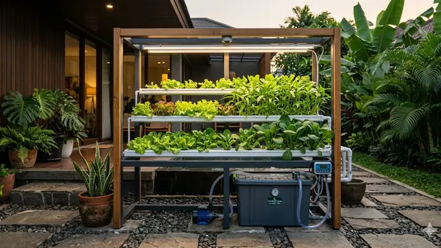 Ide Kebun Hidroponik di Halaman Belakang dengan Sistem Sirkulasi Otomatis.