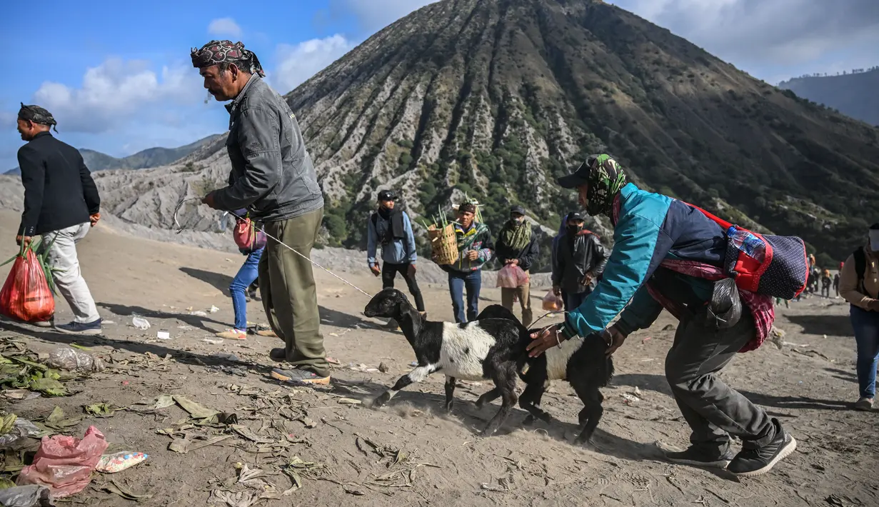 <p>Upacara Kasada itu merupakan ritual tahunan masyarakat Suku Tengger dengan melarung hasil bumi atau ternak ke kawah Gunung Bromo sebagai bentuk rasa syukur kepada Sang Pencipta. (Photo by Juni Kriswanto / AFP)</p>