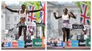 Foto kolase pelari Kenya, Sabastian Sawe (kiri) dan pelari Etiopia, Tigist Assefa saat melalui garis finis dalam ajang London Marathon 2025 di London, Inggris, Sabtu (27/04/2025) waktu setempat. (AFP/Justin Tallis)