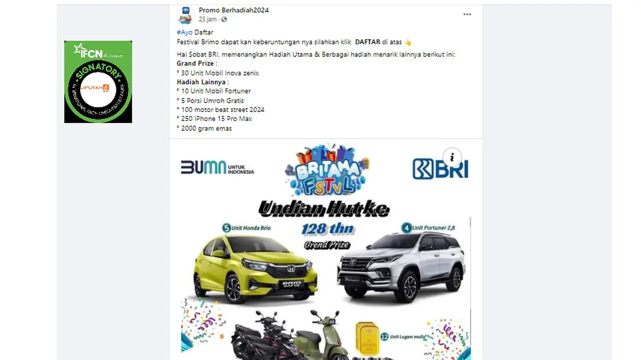 Tangkapan layar klaim pendaftaran undian berhadiah HUT BRI ke-128 tahun