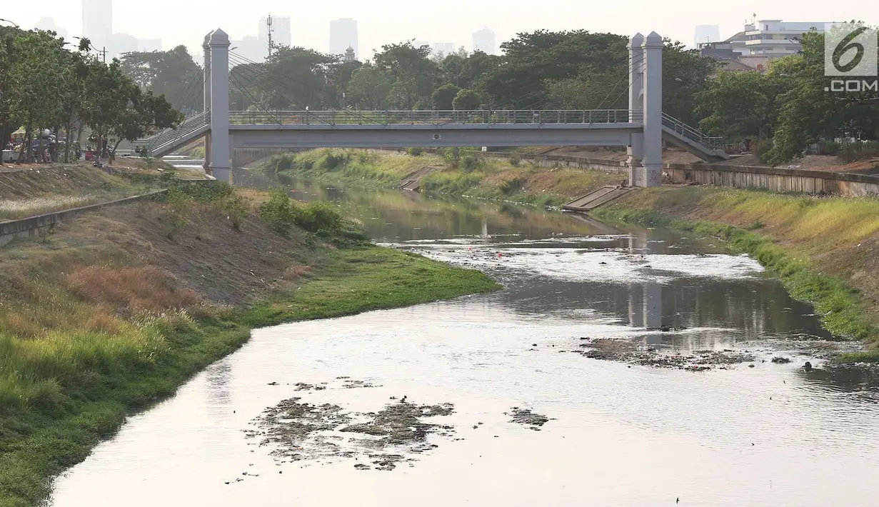 Suasana aliran Kanal Banjir Timur yang surut di Jakarta, Selasa (9/10). Berkurangnya debit air akibat musim kemarau menyebabkan sampah yang mengendap tampak ke permukaan. (Liputan6.com/Immanuel Antonius)