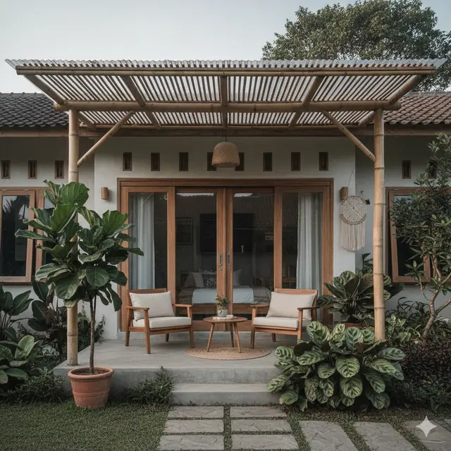 Model Rumah Kecil Tapi Luas dengan Tanaman Daun Lebar di Teras Depan