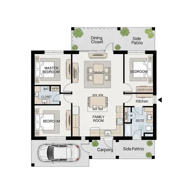 Denah Rumah 7x12 dengan 3 Kamar dan Ruang Makan Menyatu (Image by Gemini AI)