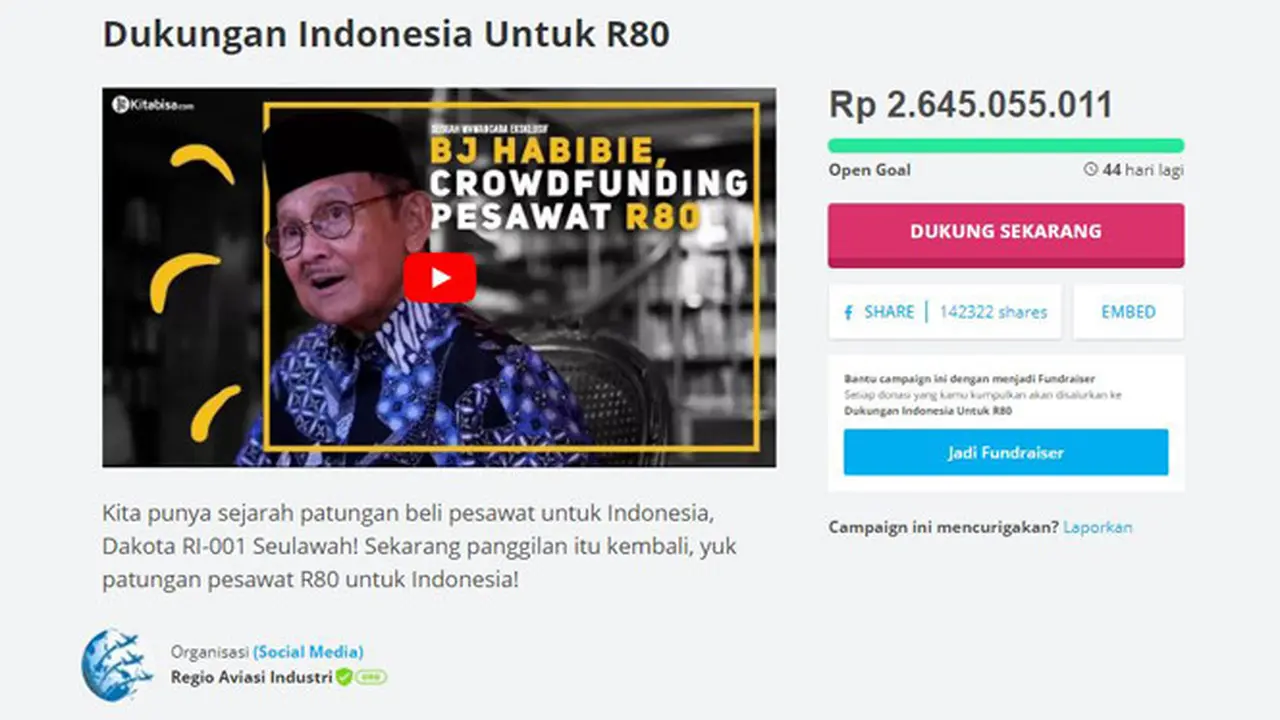 Urun Dana Pesawat R80 Karya BJ Habibie Capai Rp 2,6 Miliar