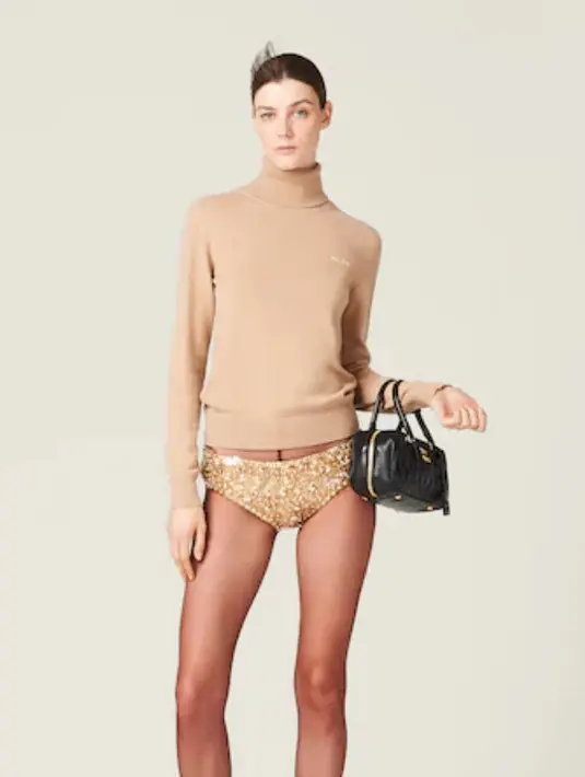 Dalam websitenya, celana dalam tersebut dipadukan dengan celana ketat hitam bersama dengan sweater dan sepatu hak tinggi. Sambil membawa tas hitam. [Miu Miu]