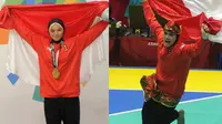 Pesilat Indonesia, Sarah Tria Monita (Kiri) dan Puspa Arumsari (Kanan) ketika merayakan keberhasilan meraih medali emas Asian Games 2018.