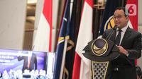 Gubernur DKI Jakarta Anies Baswedan memberikan keterangan dalam pengumuman deklarasi Capres 2024 di Nasdem Tower, Jakarta, Senin (3/10/2022). Partai Nasdem resmi mendeklarasikan Gubernur DKI Jakarta Anies Baswedan sebagai calon presiden (capres) yang akan diusung pada Pilpres 2024. (Liputan6.com/Faizal Fanani)