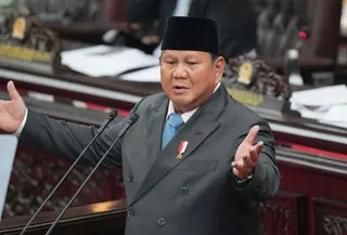 Presiden Republik Indonesia, Prabowo Subianto, saat menyampaikan pidatonya pada sidang paripurna Dewan Perwakilan Rakyat (DPR) di Jakarta, Rabu 20 Mei 2026. (AP Photo/Achmad Ibrahim)