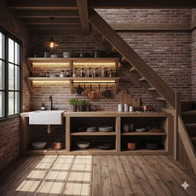 Dapur dengan Rak Kayu Terbuka dan Pencahayaan Hangat